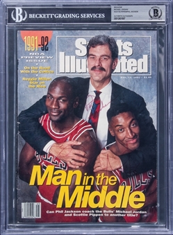 Michael Jordan, Scottie Pippen and Phil Jackson Triple Signed Sports Illustrated Cover (Beckett)